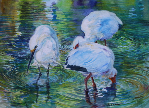 Pool Party - Snowy Egret & White Ibis by Karyn deKramer