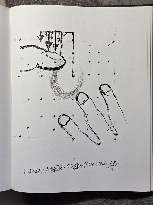 ANGER, GREED & ILLUSION (BUT THE GREATEST OF THESE IS ILLUSION).  H7906022026 by HB Barry Strasbourg-Thompson BFA