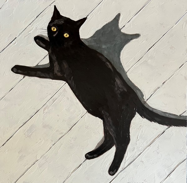 'Black Cat" 30 x 30cm Oil on Board by Kim Harding