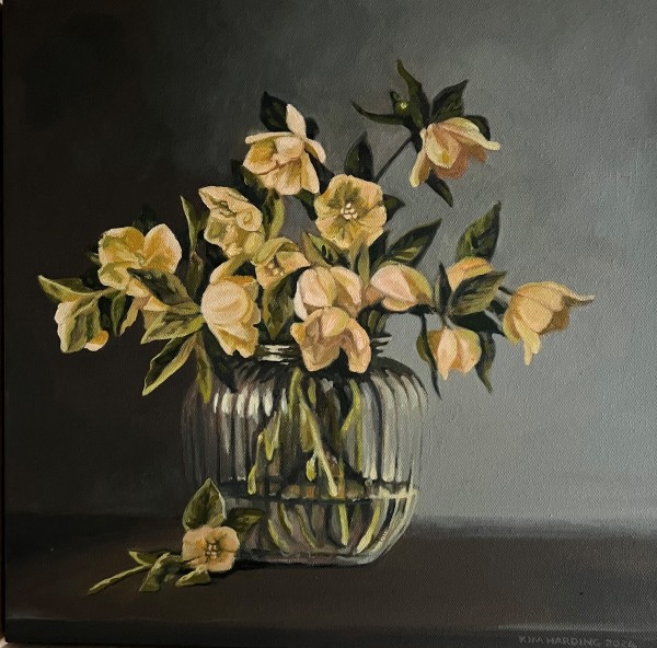 "Hellebores" 40 x 40cm, oil on canvas by Kim Harding
