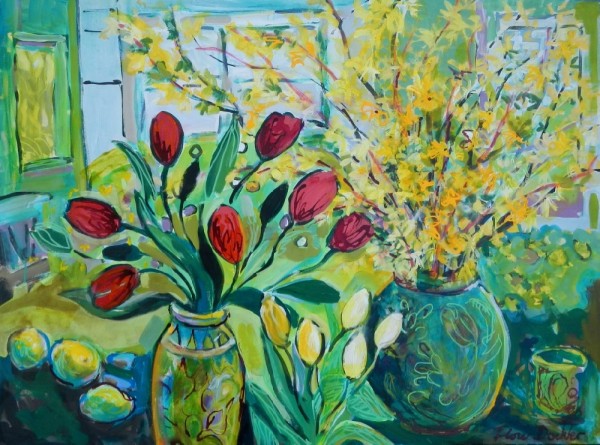 Still Life with Red Tulips by Flora Doehler