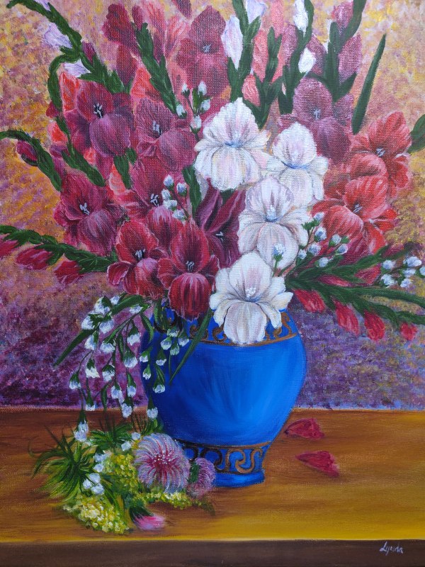 Gladioluses in Blue Vase by Lyuda Morhun