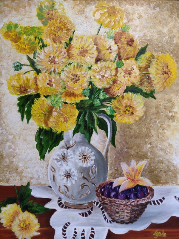 Yellow Flowers and Blueberries by Lyuda Morhun