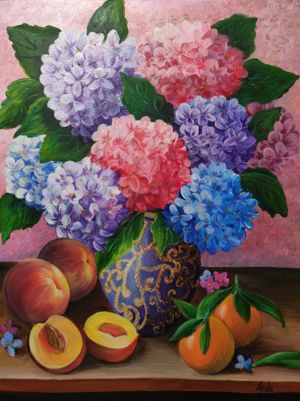 Hydrangea, peaches and mandarins by Lyuda Morhun