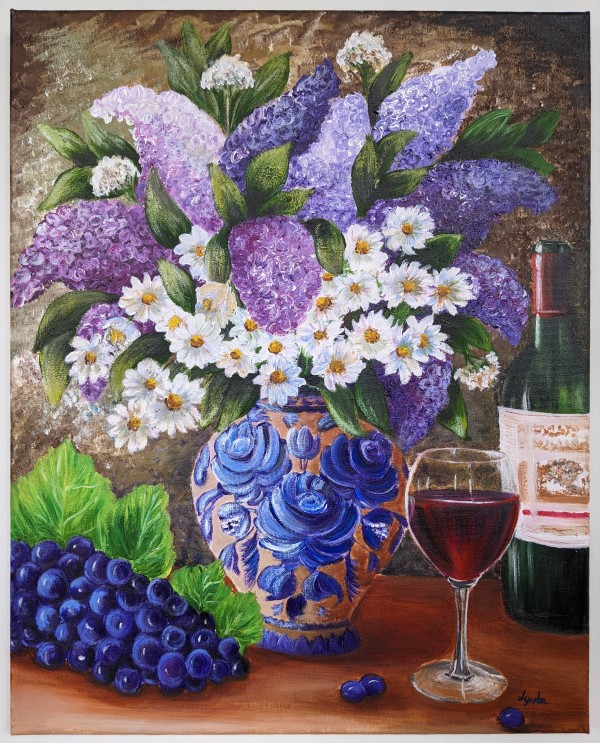 Grapes, Wine and Flowers by Lyuda Morhun