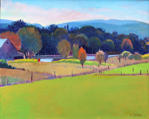 "Red Chair by the Pond" by Susan Abbott
