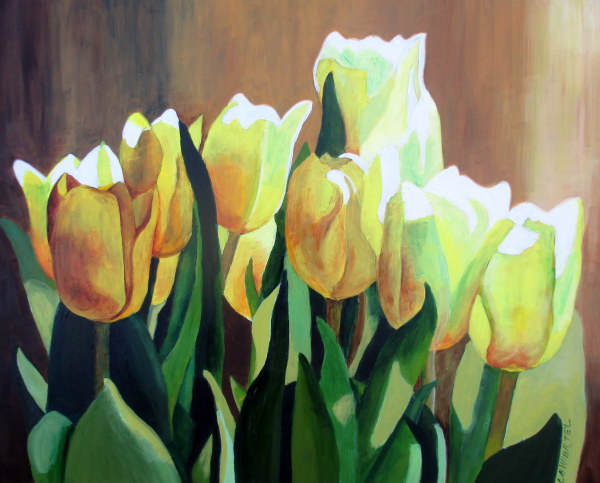 "Yellow Tulips", Acrylic on canvas, framed, 16"x20" by Lisa Wiertel