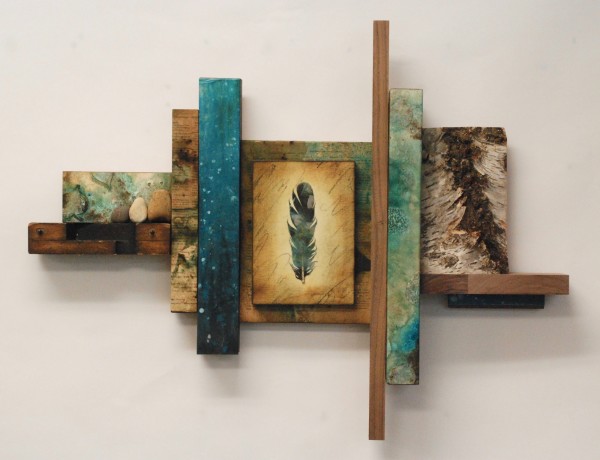 Blue Feather Walnut Wood Assemblage by Cheryl Holz
