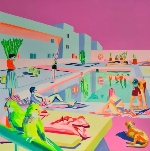 Ruth Mulvie "Parrots and Hearts" Framed by Da Silva Gallery/Gallerylabs