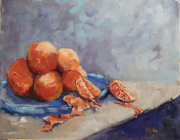 Oranges on Blue Plate by susan tyler
