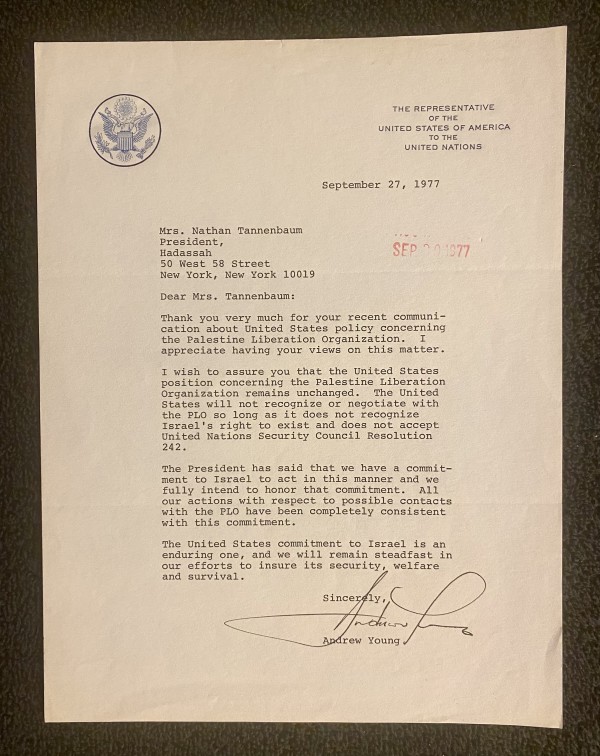 UN Ambassador Andrew Young typed letter signed defending his meeting with the PLO