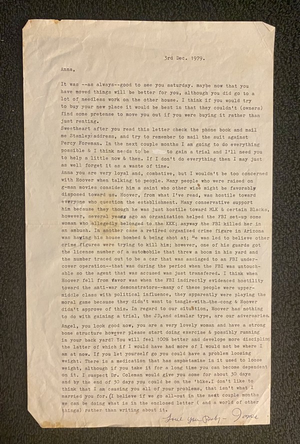 James Earl Ray Typed letter signed to his wife Anna from Prison