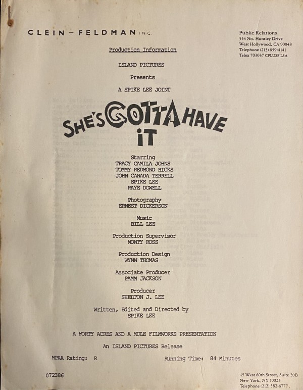 Spike Lee's first movie  "She's Gotta Have It" press package