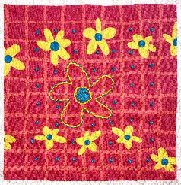 Flowers and Knots on Pink Grid by Anne M Bray