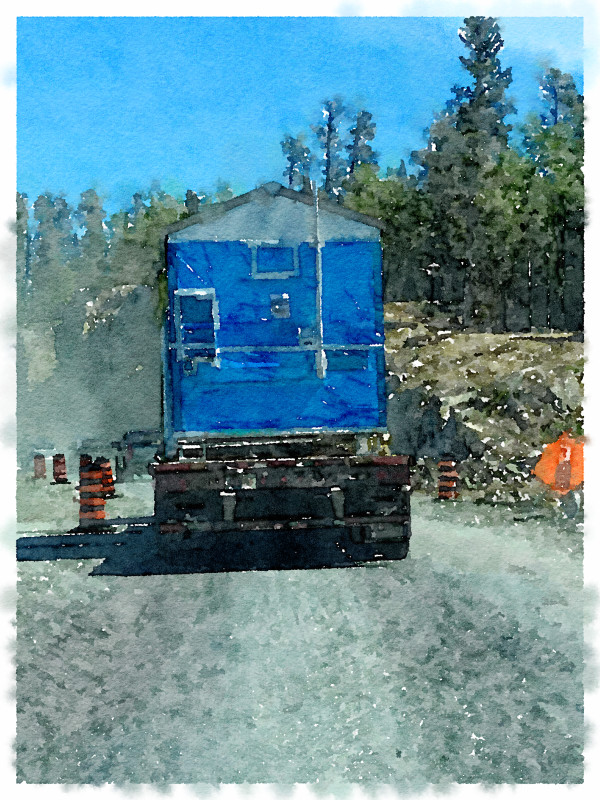 House on a Truck and Construction, Keewatin Ontario by Anne M Bray