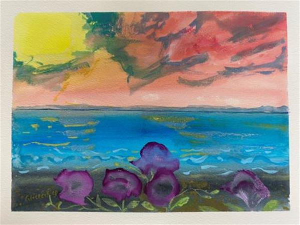 Sea sunset with Flowers by Alice Eckles