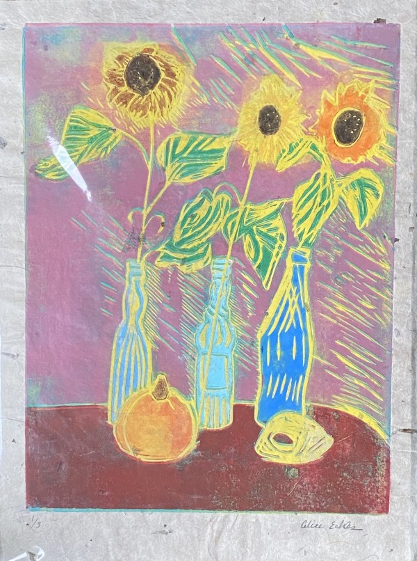 3 sunflowers, woodcut print by Alice Eckles