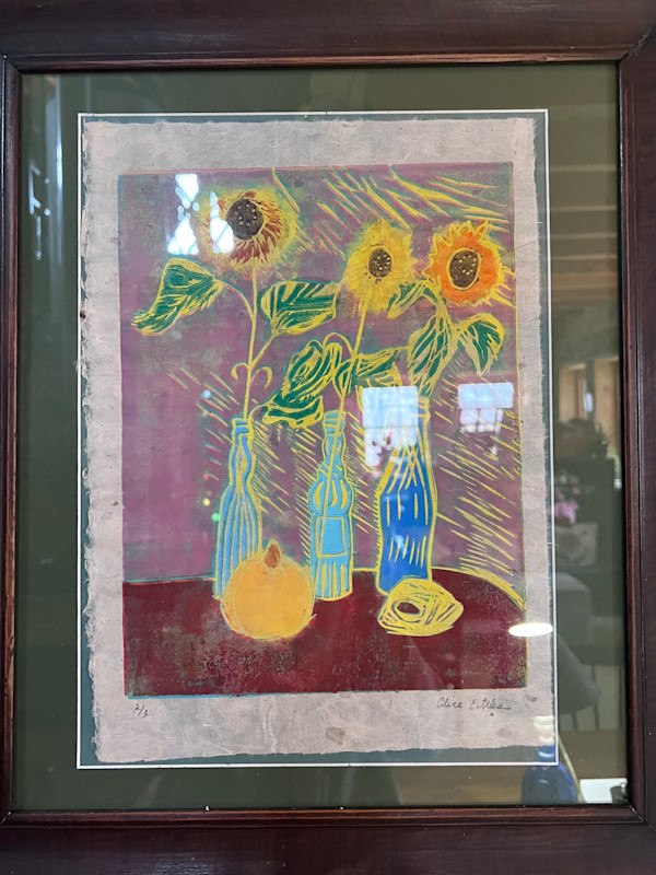 Three sunflowers, Lino cut by Alice Eckles