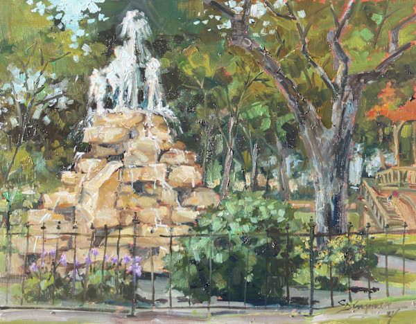 Central Park Fountain (plein air) by Carlene Dingman Atwater