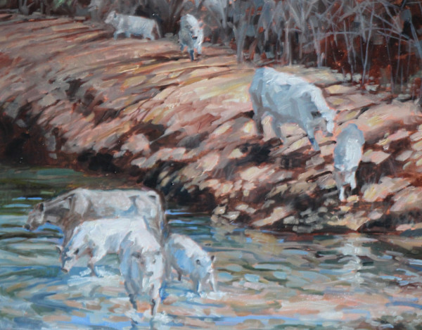 White Park Crossing the Stream by Carlene Dingman Atwater