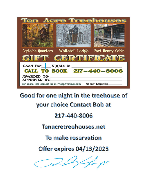 10 Acre Treehouse Overnight Stay 6-8 people by Bob Hopp