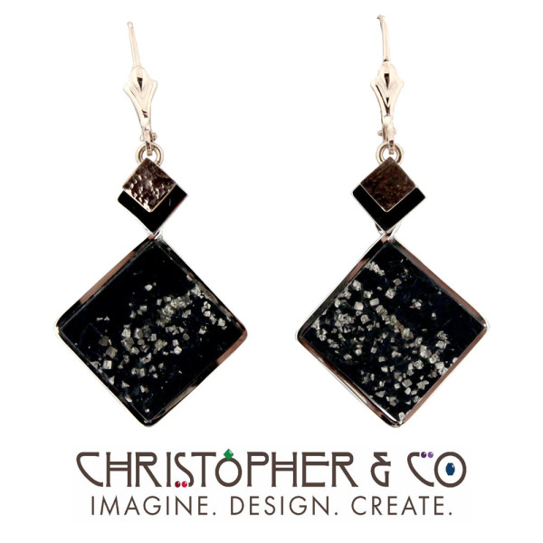 CMJ B 13138    Gold earring pair set with slate & pyrite cabochons designed by Christopher M. Jupp