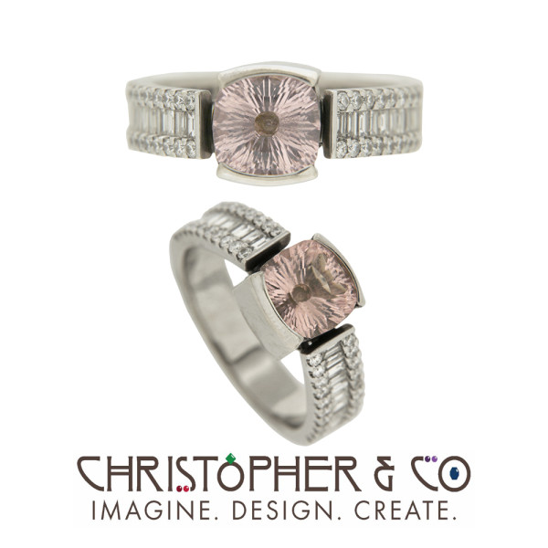 CMJ C 21067  14 karat white gold ring set with diamonds and square cushion concave cut morganite handcut by Richard Homer.
