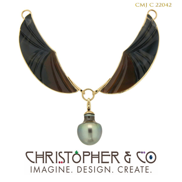 CMJ C 22042  Gold Pendant by Christopher M. Jupp set with Brazilian Agate handcut by Nick Alexander with Tahitian pearl element. by Christopher M. Jupp