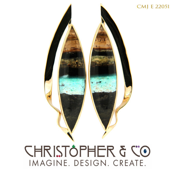 CMJ E 22051  Gold earring pair set with opalized wood designed by Christopher M. Jupp by Christopher M. Jupp
