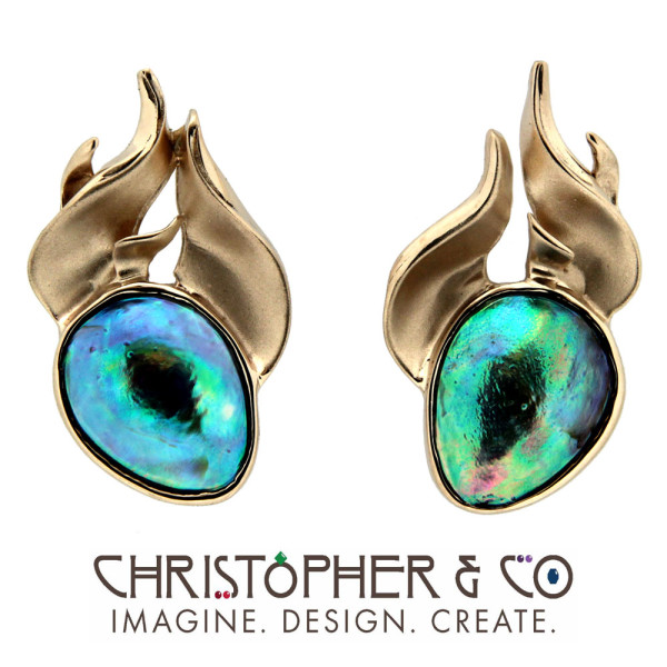 CMJ G 13143    Gold earring pair set with New Zealand abalone mobe pearls designed by Christopher M. Jupp