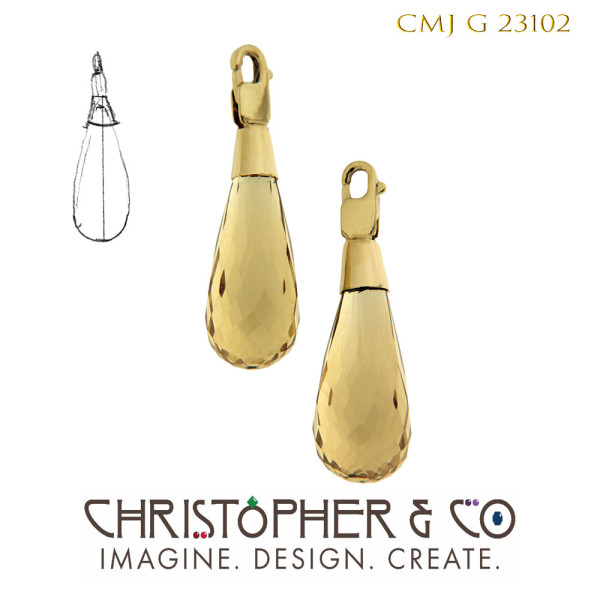 CMJ G 23102  Gold Elements designed by Christopher M. Jupp set with pair of Scotch Citrine Quart Briolette. by Christopher M. Jupp