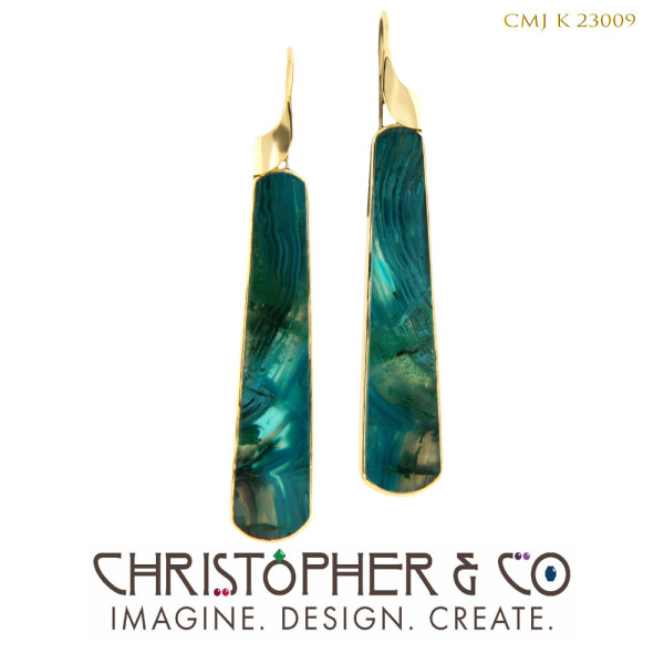 CMJ K 23009  Gold earrings designed by Christopher M. Jupp set with chrysocolla/malachite cabochons. by Christopher M. Jupp