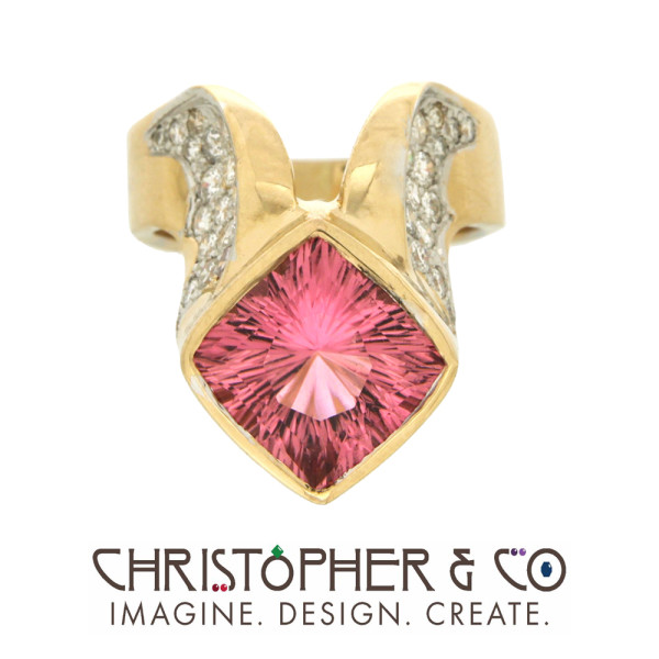 CMJ L 20068 Yellow and White Gold  diamond & pink tourmaline ring designed by Christopher M. Jupp.  Tourmaline hand cut by Richard Homer.