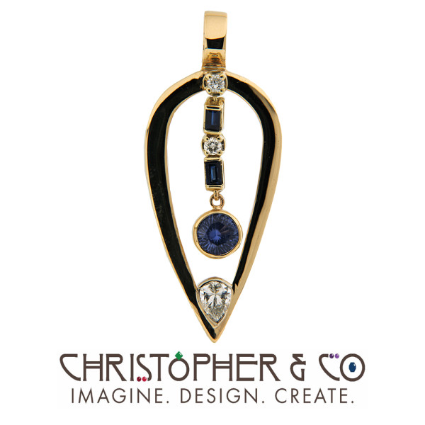 CMJ L 21111 Gold pendant designed by Christopher M. Jupp set with diamonds & sapphires. One sapphire hand cut by Richard Homer.