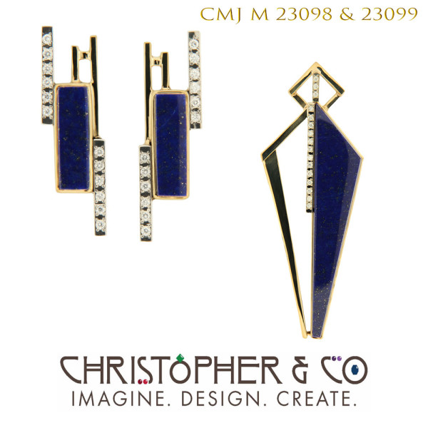 CMJ 23098 & 23099 Gold pendant and earrings by Christopher M. Jupp set with diamonds and lapis lazuli. by Christopher M. Jupp