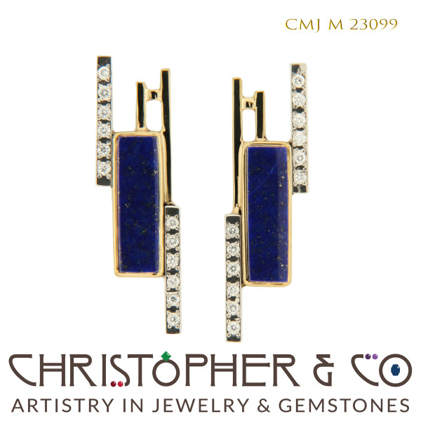 CMJ M 23099  Gold Earring Pair by Christopher M. Jupp set with diamonds and lapis lazuli. by Christopher M. Jupp