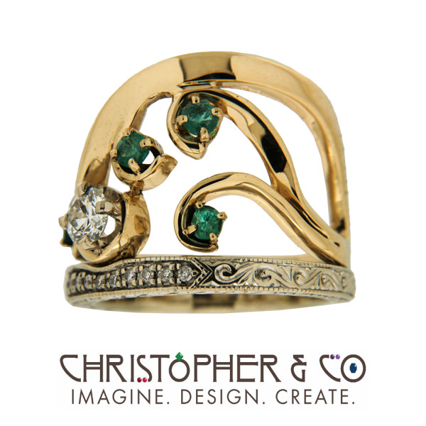 CMJ P 21104 Yellow & white gold wedding set designed by Christopher M. Jupp set with emeralds and diamond.