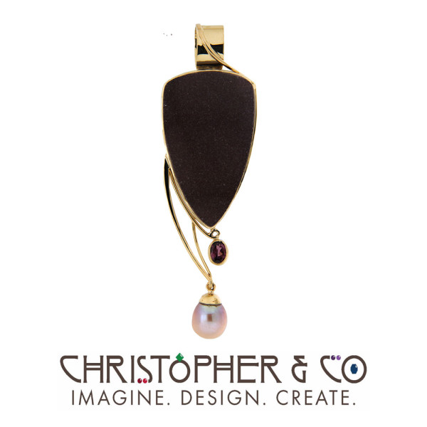 CMJ T 22015  Gold pendant set with taupe drusy, rasberry garnet and Ming pearl designed by Christopher M. Jupp