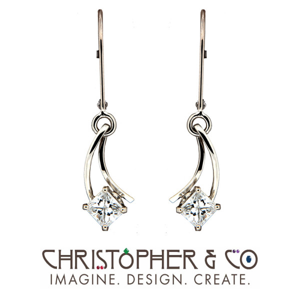 CMJ W 13095  White Gold Earrings set with princess cut diamonds designed by Christopher M. Jupp