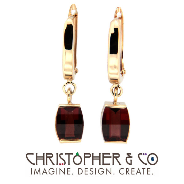 CMJ W 13096  Gold Drop Earring Pair designed by Christopher M. Jupp and set with Garnets