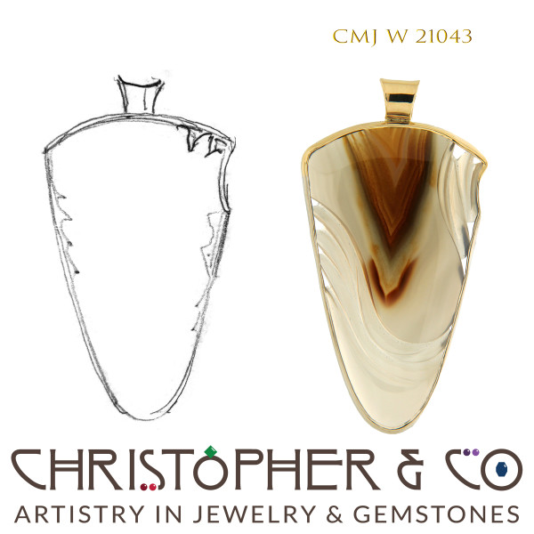 CMJ W 21043 Yellow & White Gold Pendant by Christopher M. Jupp set with Brazilian Agate handcarved by Darryl Alexander.