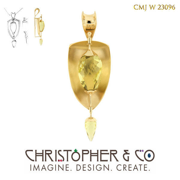 CMJ W 23096 Gold spinning pendant designed by Christopher M. Jupp set with one OroVerde Citrine briolette cut by Richard Homer. by Christopher M. Jupp