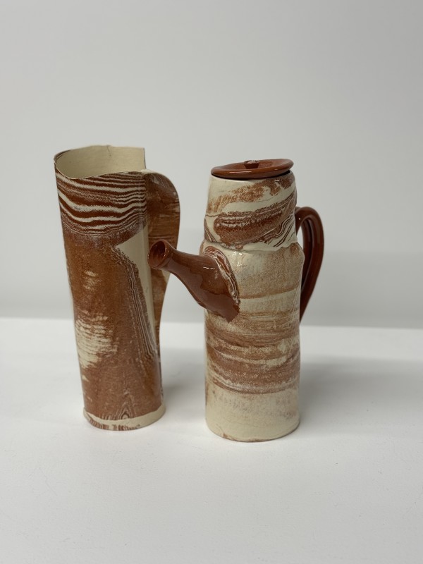 Teapot and Cylinder in Layered Clay by Sherry Gingras