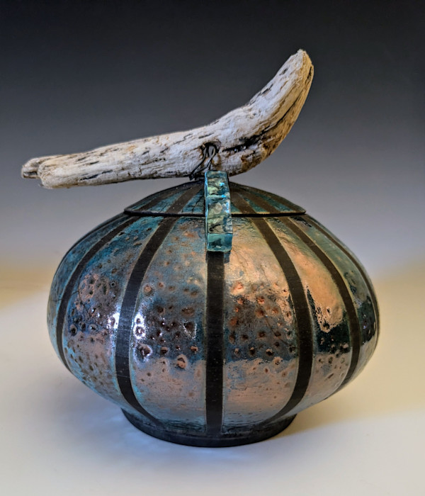 Turquoise Striped Raku Jar by Nancy Jakubowski