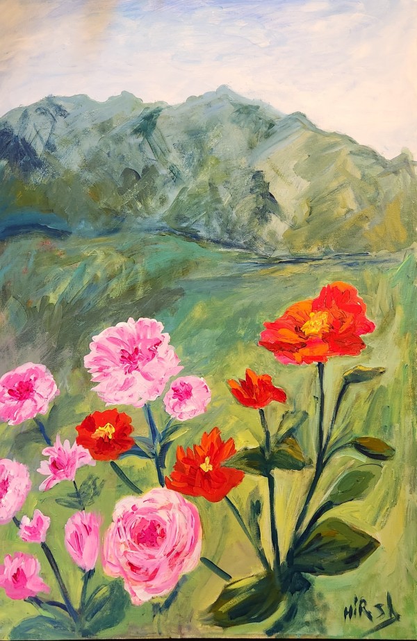 Roses and the Blue Mountains, Australia by Cathy Hirsh