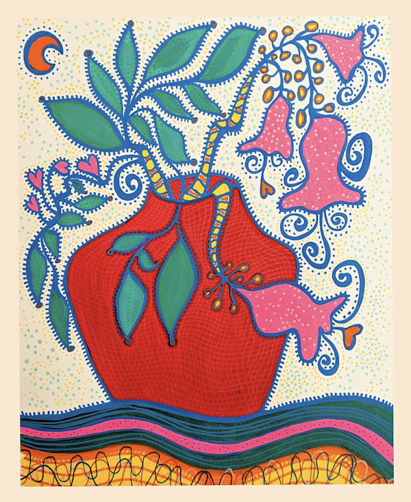Pink Bell Flowers en Vasija Roja by Sandra Perez-Ramos