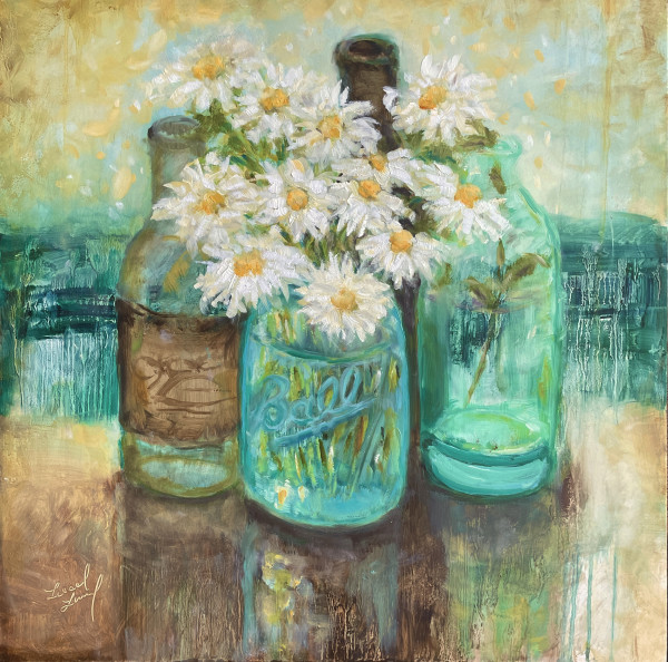 Daisies with Vintage Bottles by Liesel Lund