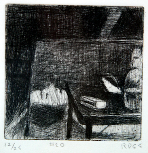 #20 (painting in artist's studio, lying on its side behind small table) by Richard Diebenkorn