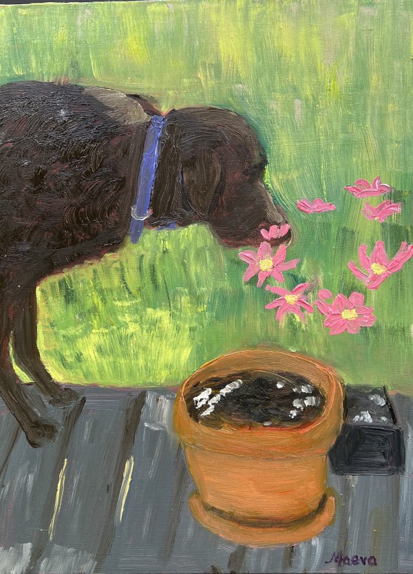 Mishka  Sniffing the Flowers by Maeva Lightheart