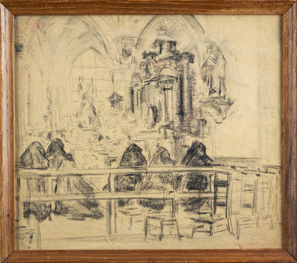 Church Interior With Women Praying by Alfred Napoleon Delaunois